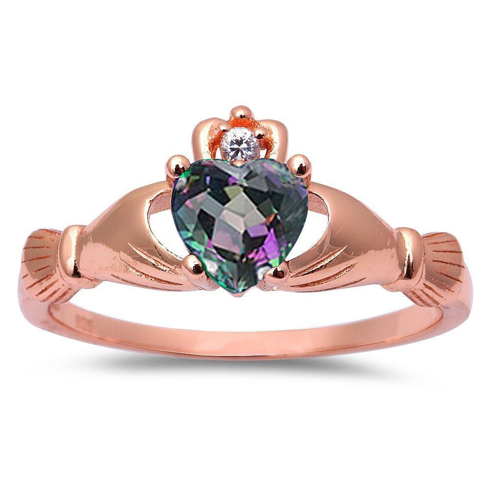 Rose Gold Plated Rainbow Cz & Cubic Zirconia Claddagh .925 Sterling Silver Ring Sizes 3-12
