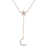 .20cts 14kt Rose Gold Diamond Moon Star Lariat Drop Pendant Necklace 18"