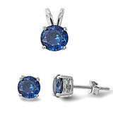 Round Blue Sapphire .925 Sterling Silver Pendant & Earrings Set