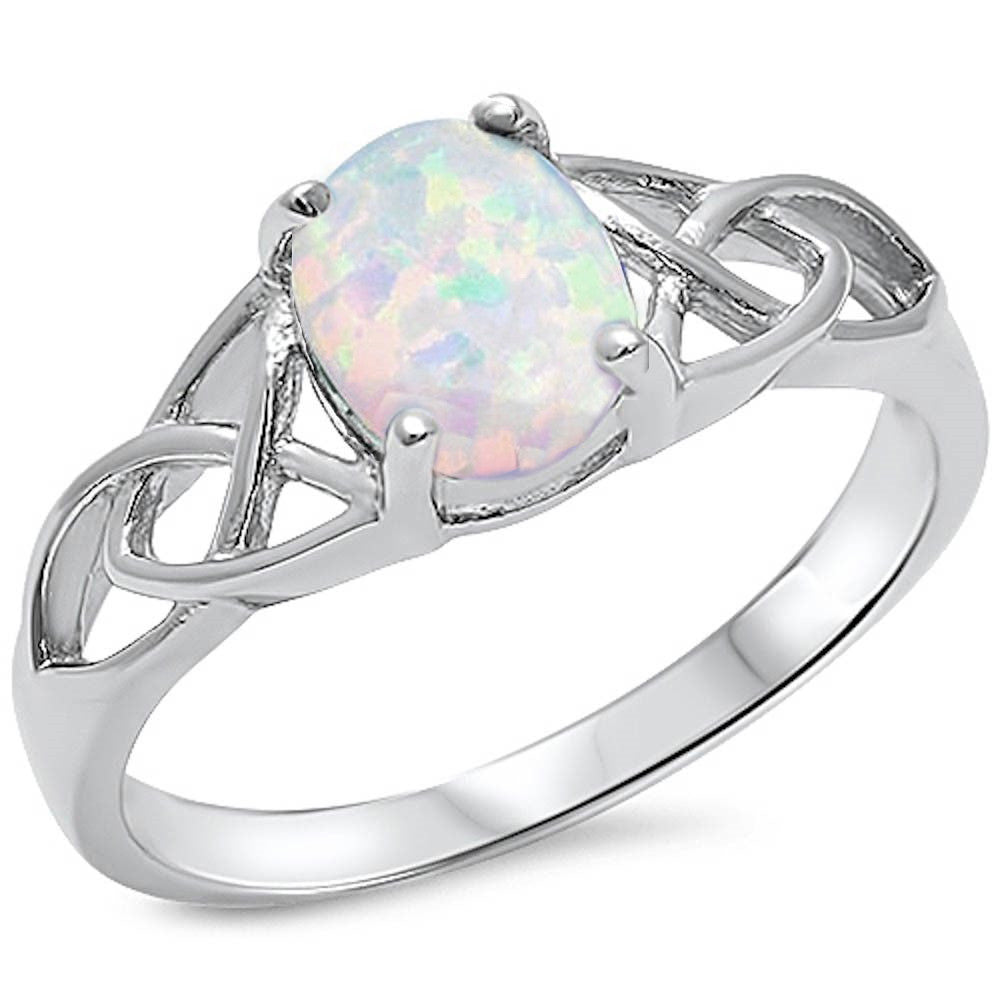 Oval White Opal Celtic Design Band .925 Sterling Silver Ring Sizes 4-11