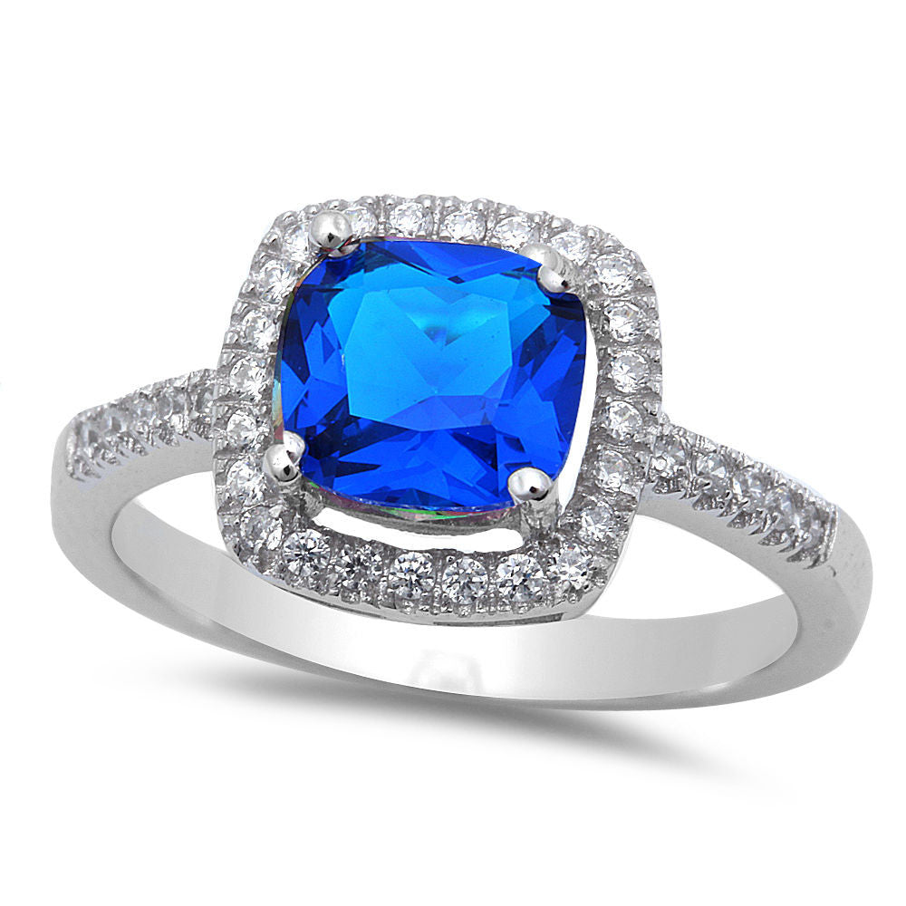 <span>CLOSEOUT!</span> Sterling Silver Cushion Cut SapphireRing with CZ Size 4