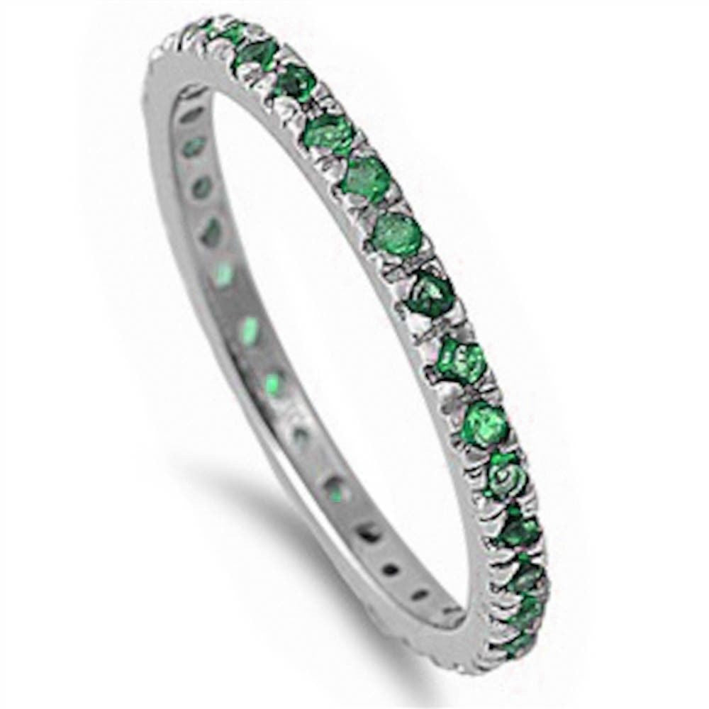 Stackable Green Emerald Cubic Zirconia .925 Sterling Silver Eternity Band Sizes 3-12