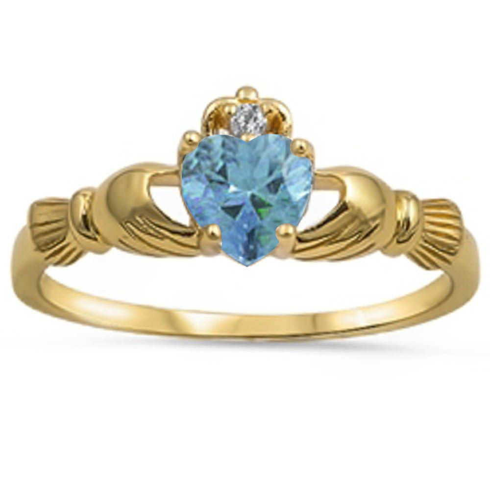 Yellow Gold Plated Aquamarine & Cubic Zirconia Calddagh .925 Sterling Silver Ring Sizes 4-11