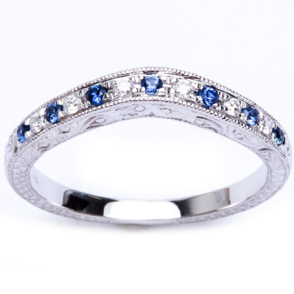 .23ct 14k White gold Round Blue Sapphire Diamond Band Size 6.5