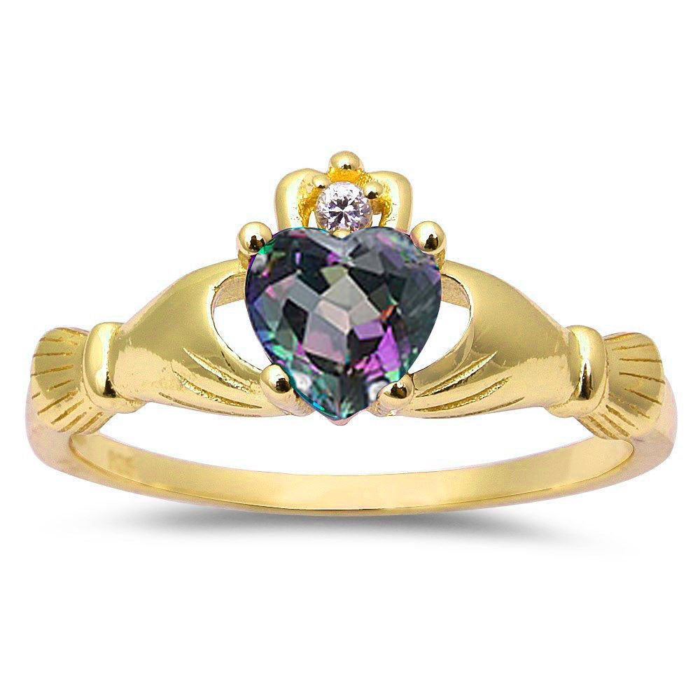 Yellow Gold Plated Rainbow Cz & Cubic Zirconia Claddagh .925 Sterling Silver Ring Sizes 3-12