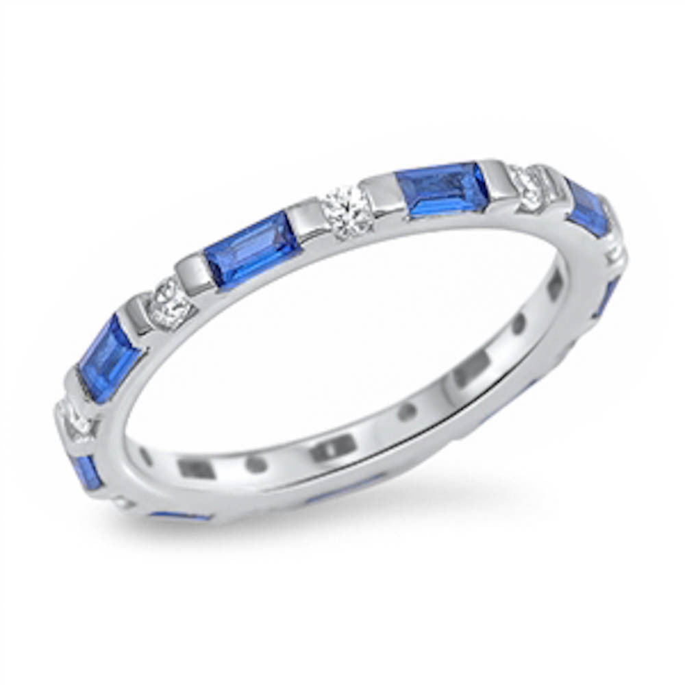 Cz and Blue Sapphire Band .925 Sterling Silver Ring Sizes 5-11