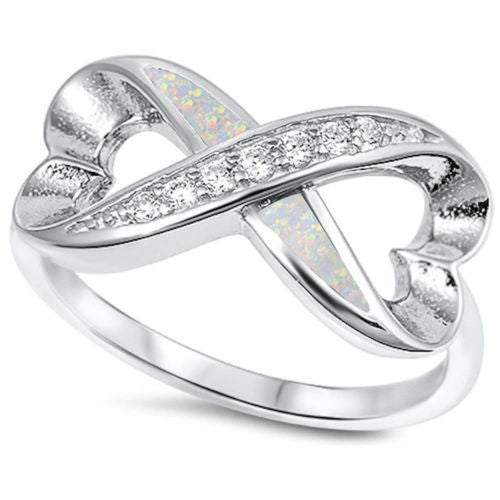 <span>CLOSEOUT!</span> White Opal & Cz Heart Shape Infinity .925 Sterling Silver Ring Sizes 5-6,8-10