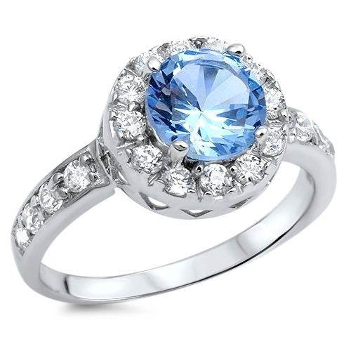 <span>CLOSEOUT!</span>Aquamarine Halo Style Round Cubic Zirconia .925 Sterling Silver Ring