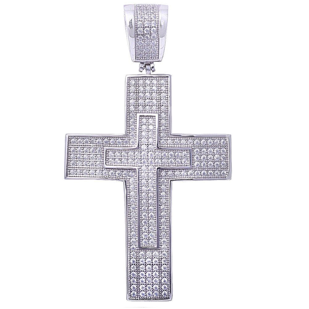<span>CLOSEOUT!</span>Hiphop Style Micro Pave Cubic Zirconia Double Cross .925 Sterling Silver Pendant